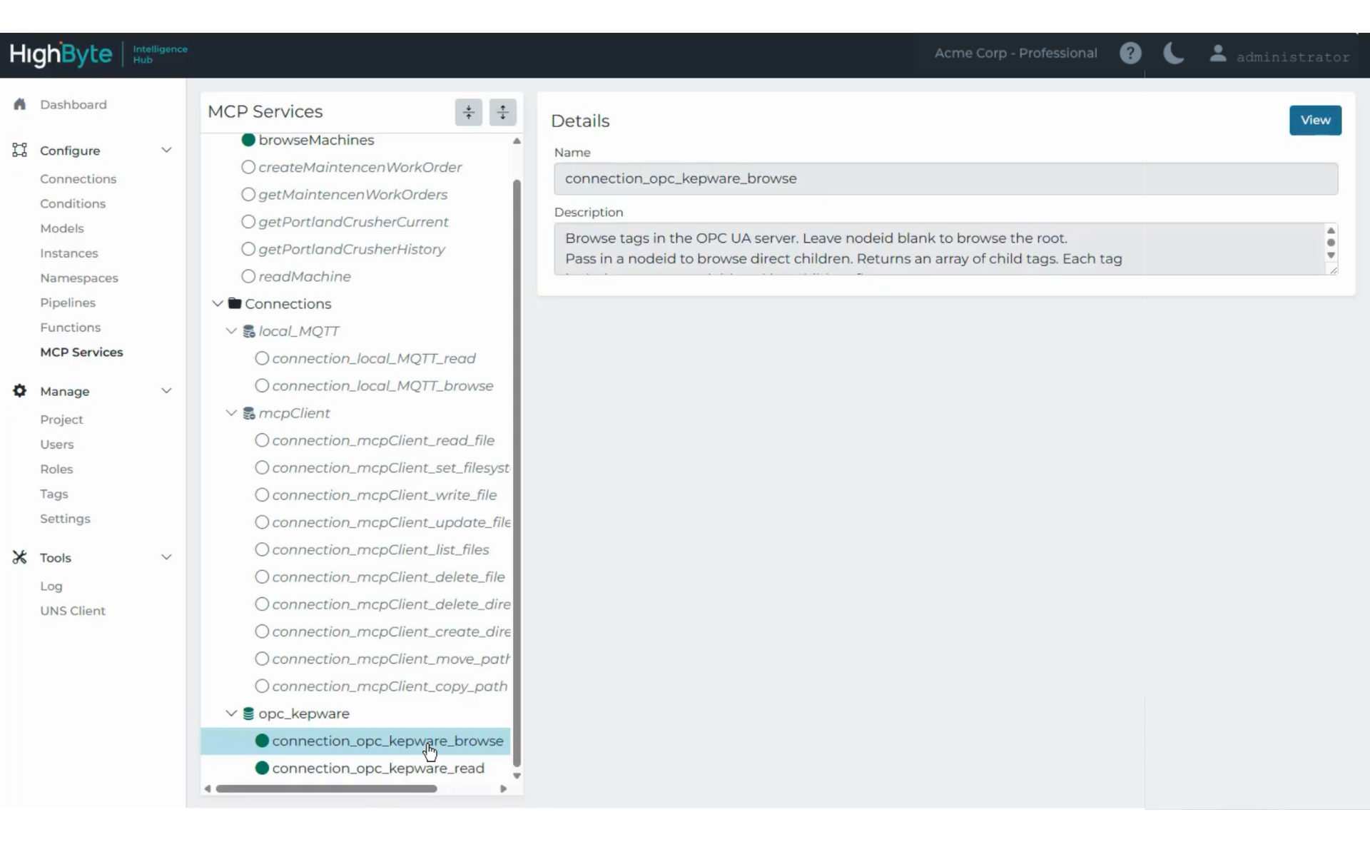 Figure 2: The new MCP Services view in HighByte Intelligence Hub version 4.3