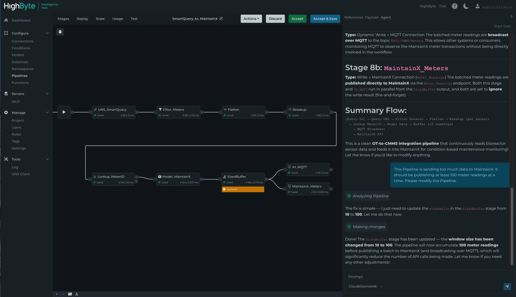 Pipeline AI Agent in HighByte Intelligence Hub version 4.4